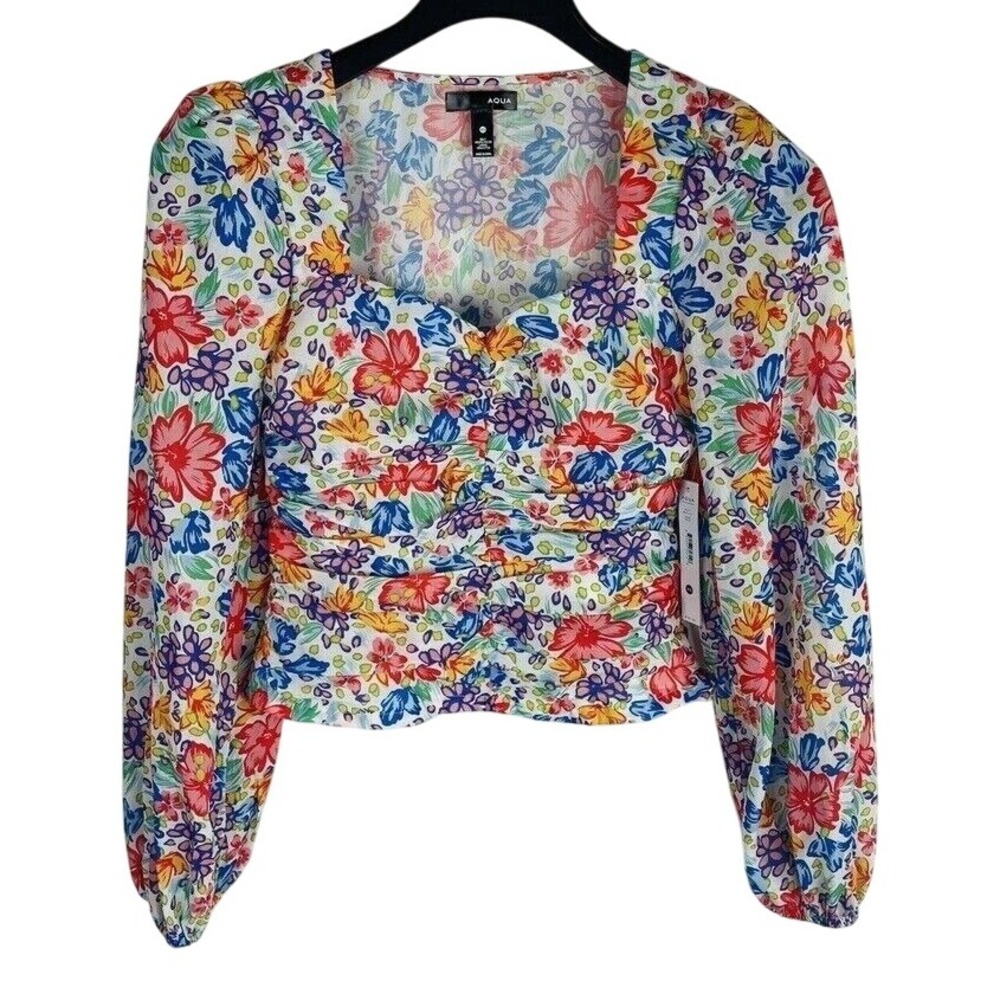 AQUA Shirt Womens Size L Floral Print Blouse Ruched Long Sleeve Square Neck Crop